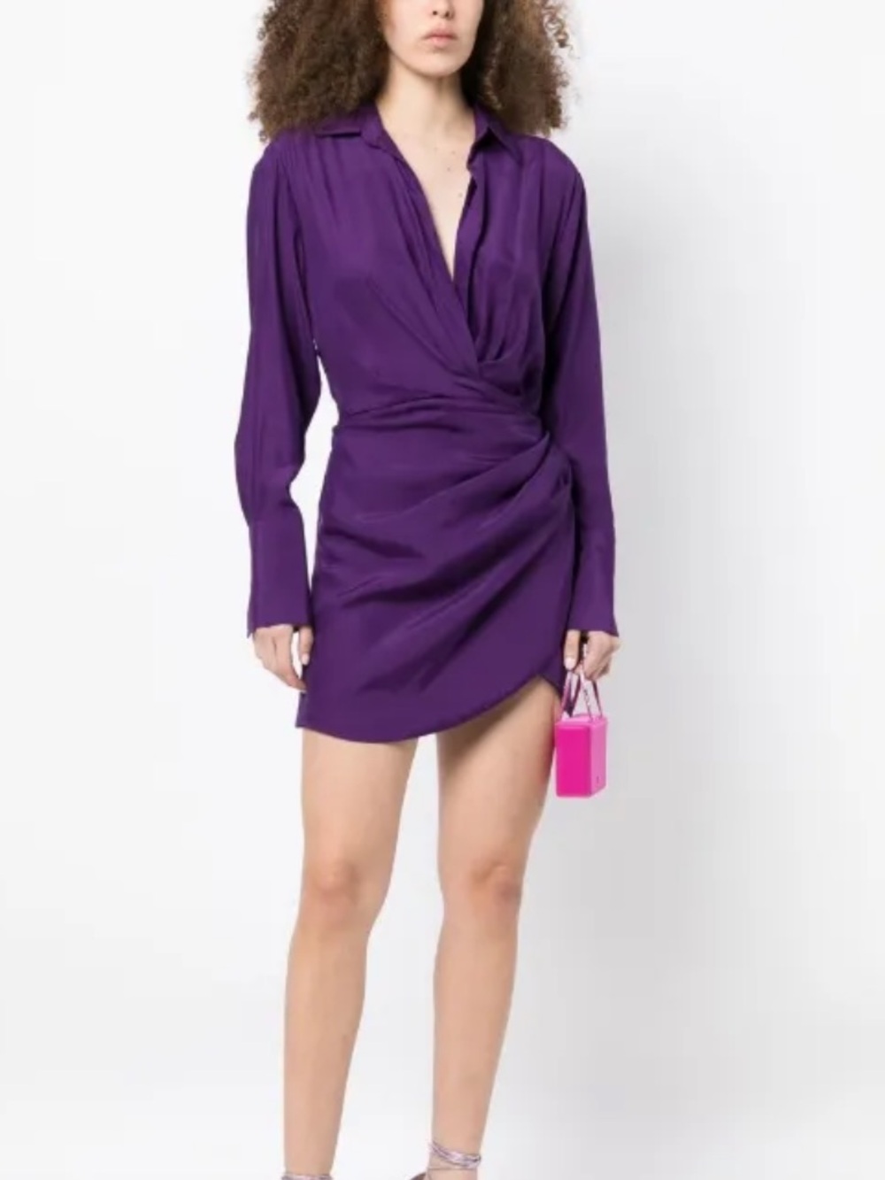 GAUGE81 Purple Silk V-Neck Long Sleeve Draped Mini Shirt Dress Size M